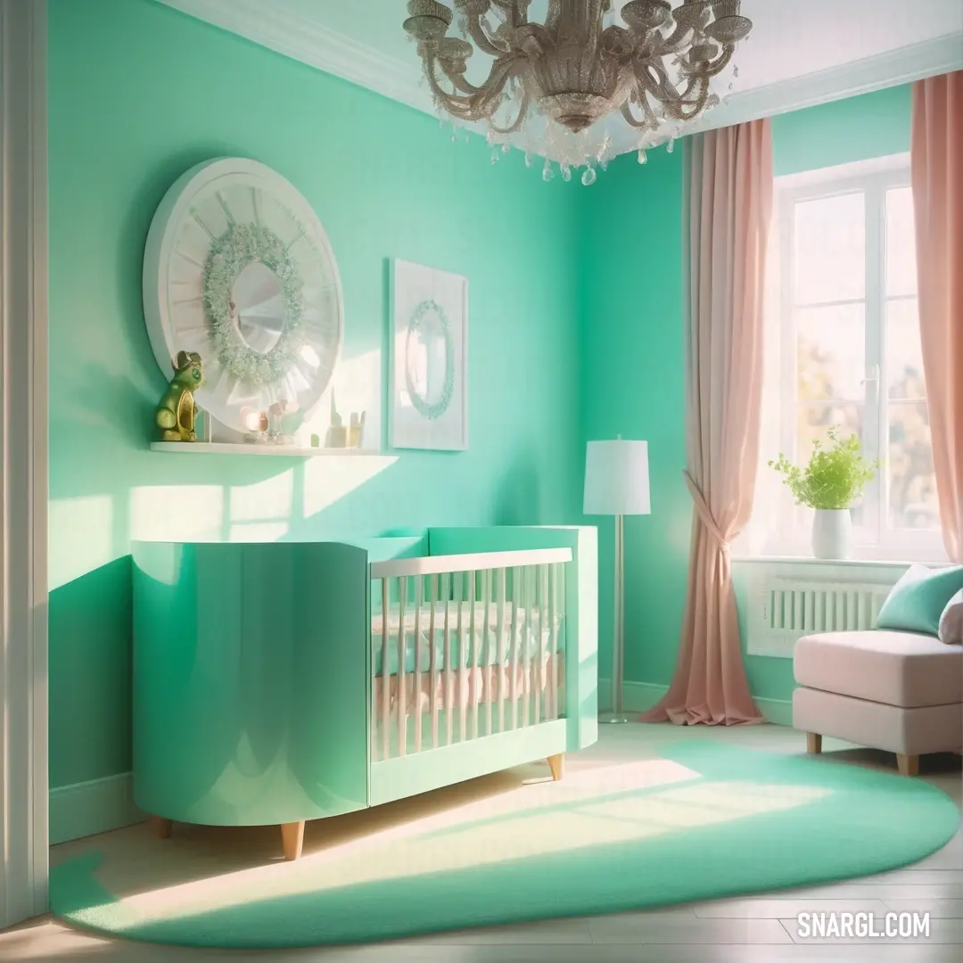 Baby's room with a crib, chair and a chandelier in it. Color RGB 150,222,209.