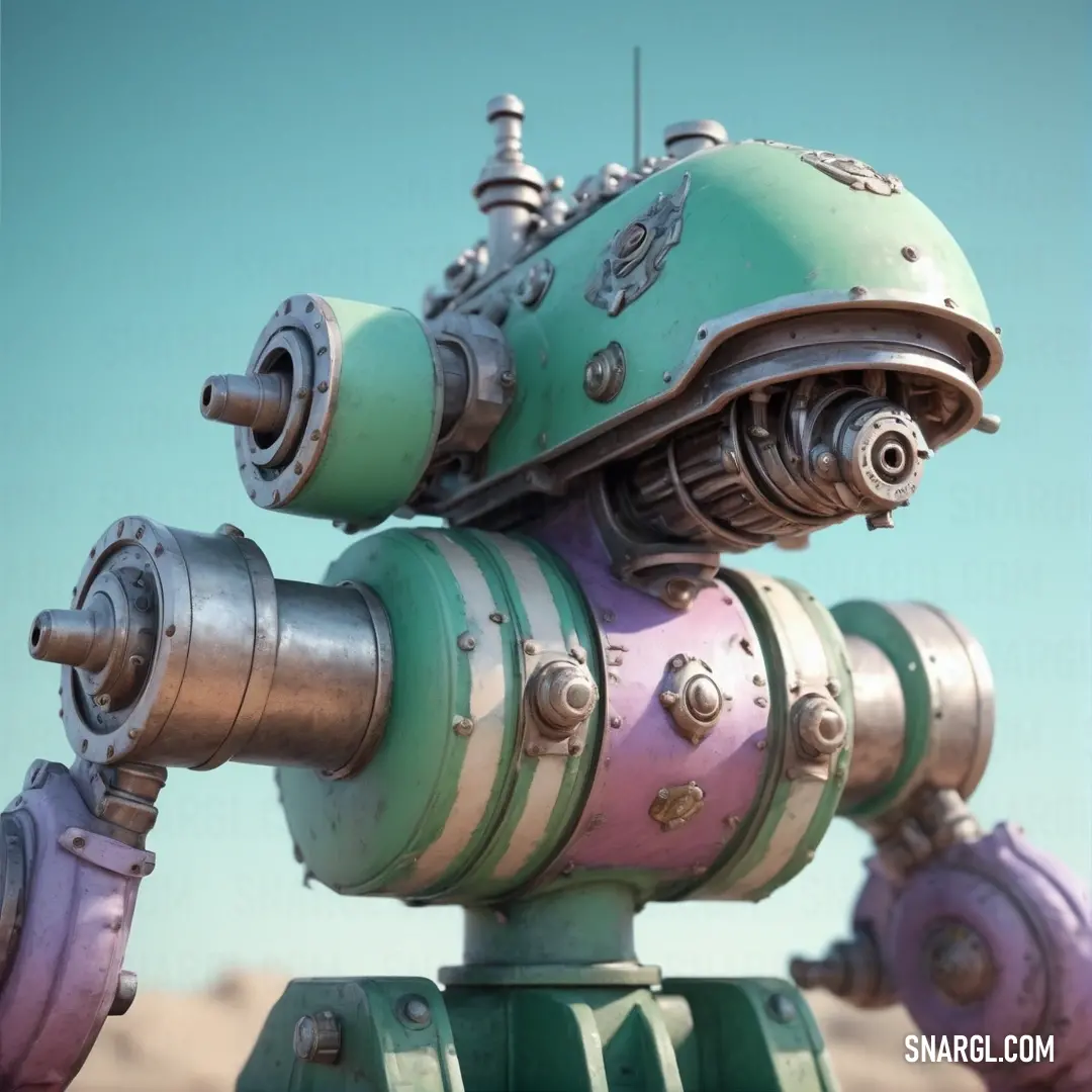 Close up of a robot made of metal pipes and pipes with a sky background. Example of Pale robin egg blue color.