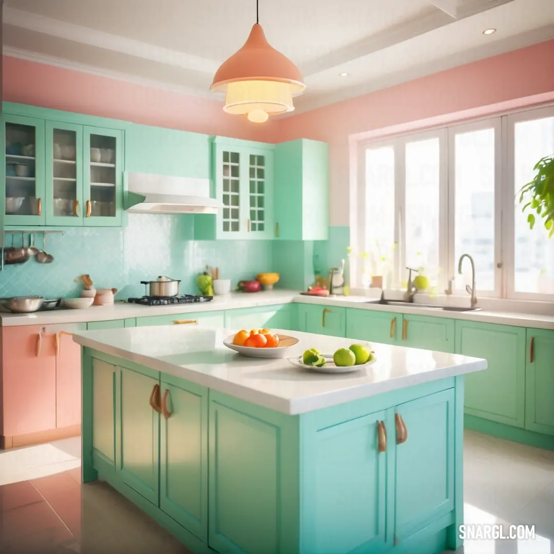 Kitchen with a bowl of fruit on the island in the middle of the room and a potted plant on the counter. Example of RGB 150,222,209 color.