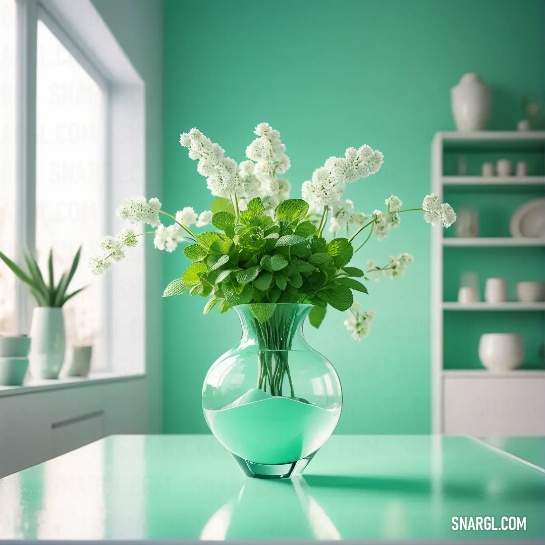 Vase with flowers in it on a table in a room with green walls and shelves and a window. Color CMYK 32,0,6,13.
