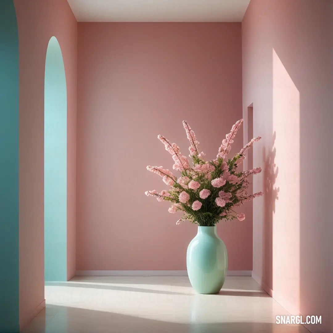 Vase with pink flowers in a pink room with a blue wall. Color CMYK 32,0,6,13.