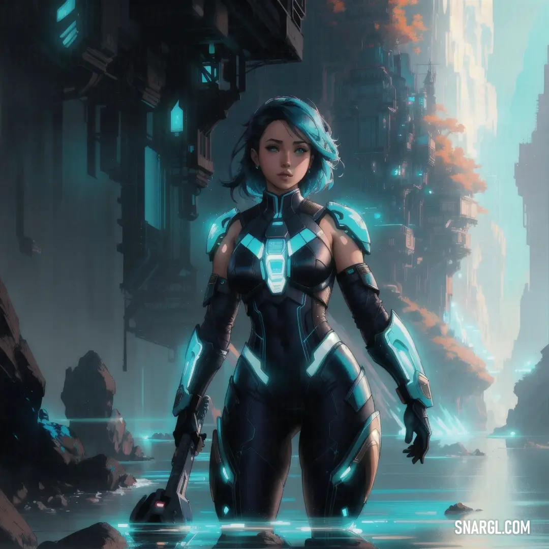 Woman in a futuristic suit standing in a city with a futuristic background