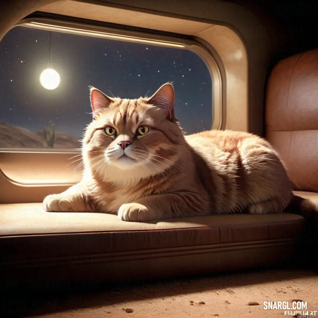 Cat is on a window sill looking out at the night sky and stars in the sky. Color Pale Sandy Brown.