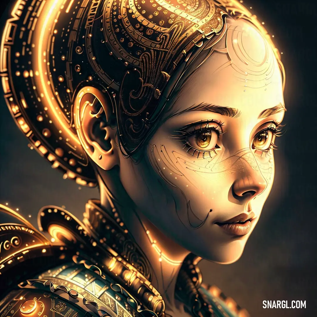 Digital painting of a woman with a futuristic headpiece and a clock on her face