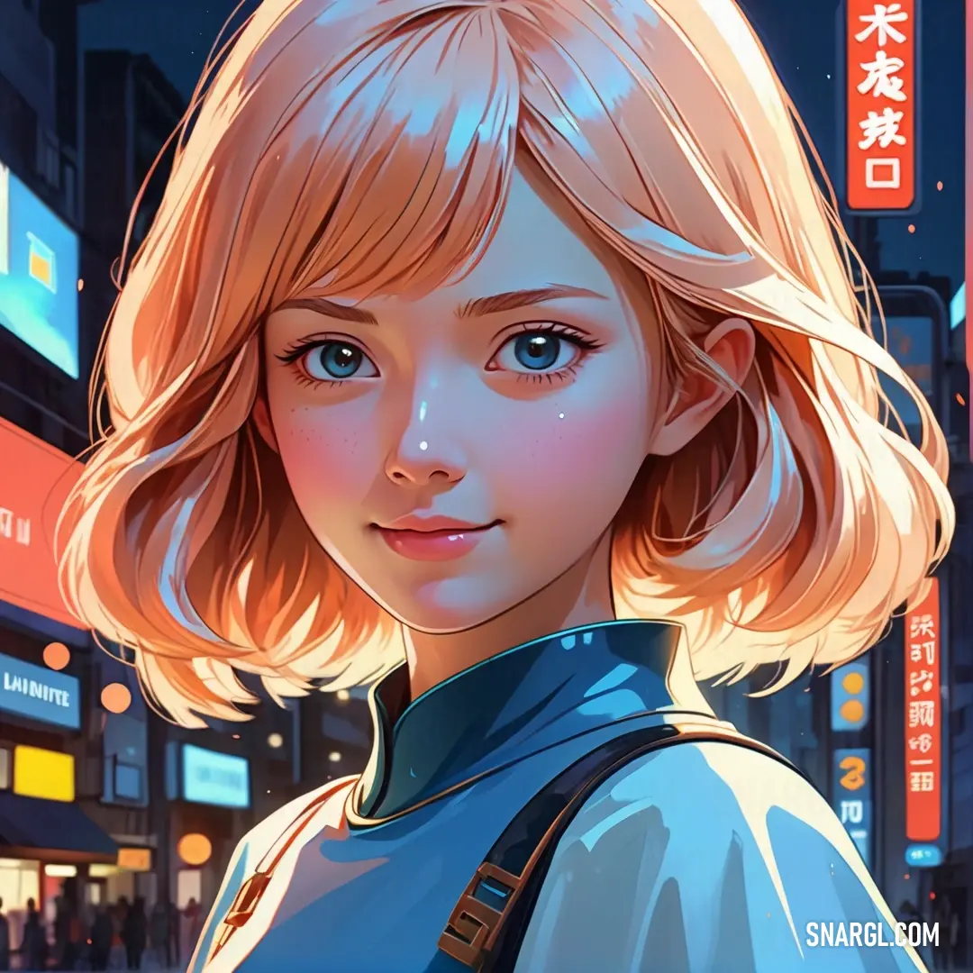 Pale Sandy Brown color example: Girl with blonde hair and blue shirt standing in front of a cityscape at night with a neon light