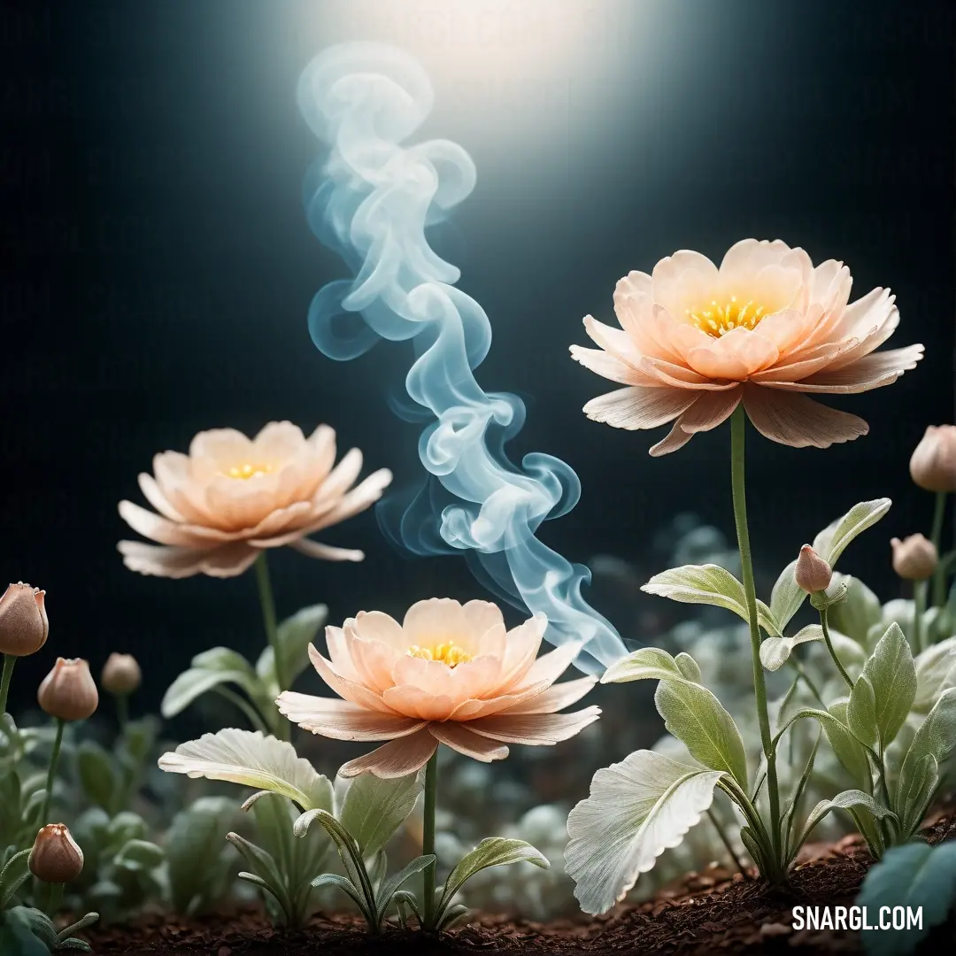 Group of flowers with smoke coming out of them on a dark background. Color RGB 255,207,165.