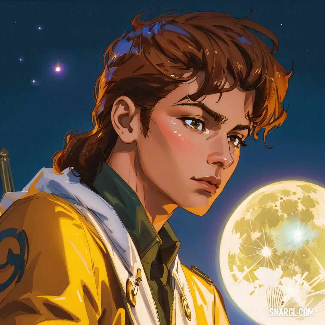 Man in a yellow jacket holding a yellow and white moon in his hand and a blue sky in the background