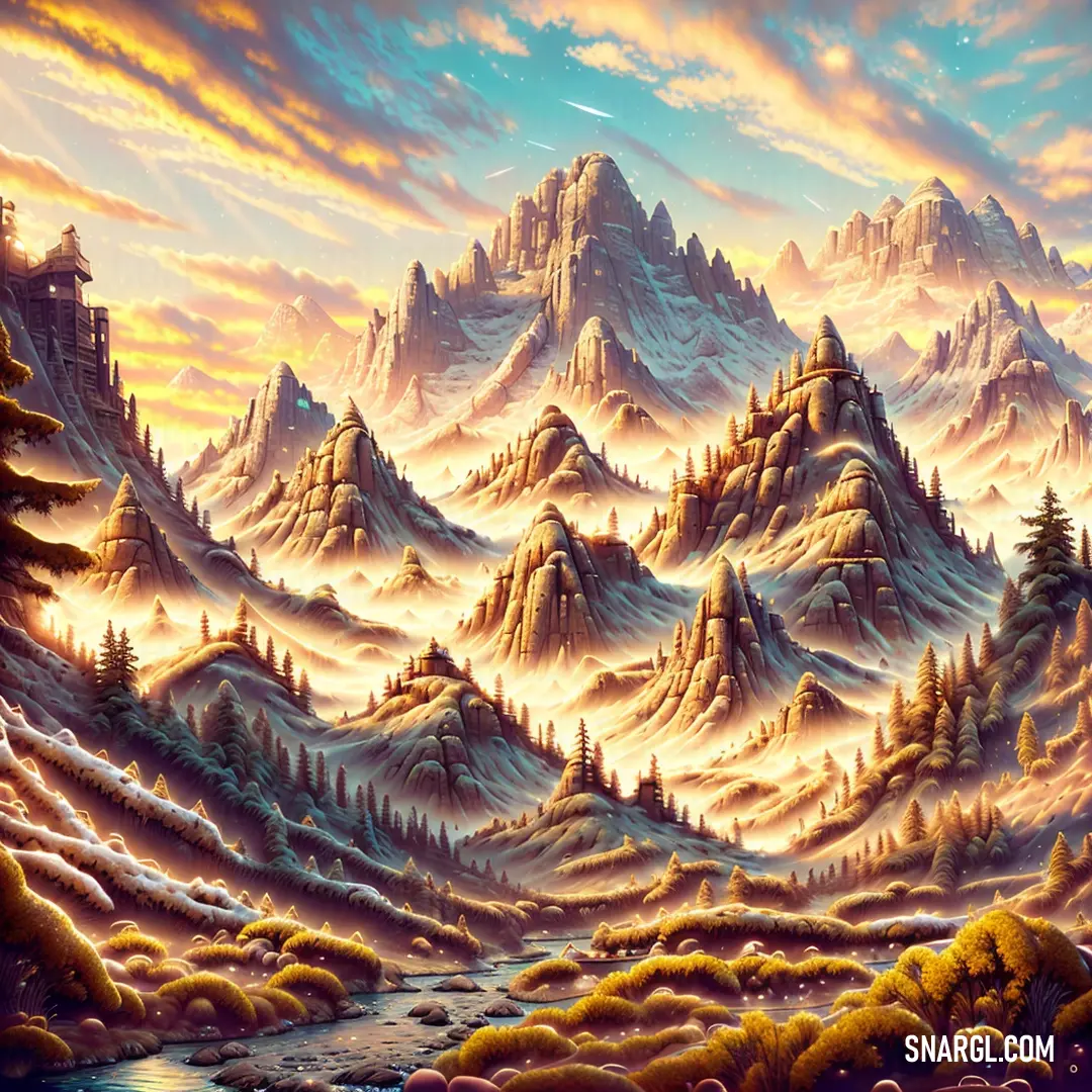 Painting of a mountain landscape with a river and trees in the foreground and a sunset in the background