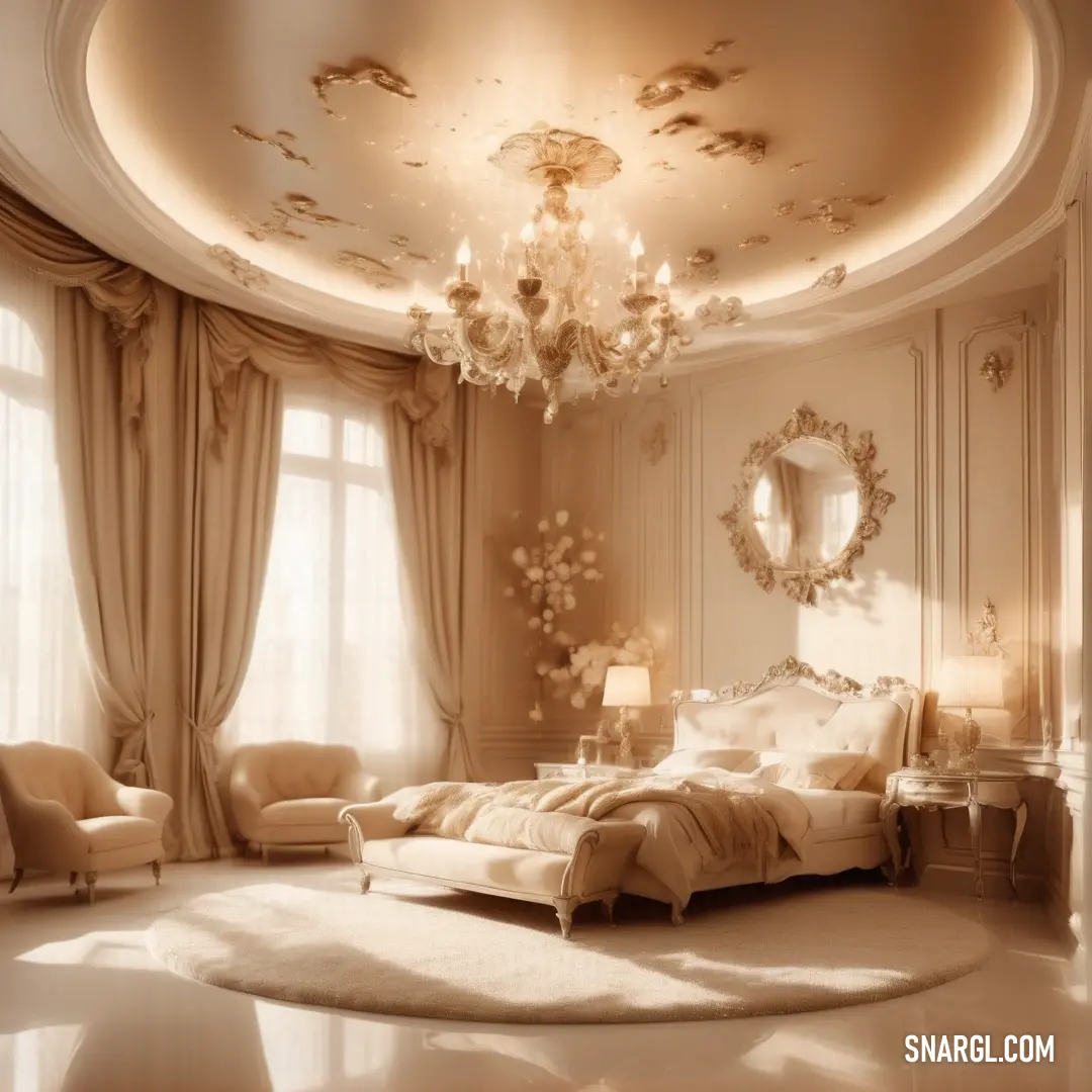 Bedroom with a large bed and a chandelier in it's center area. Example of RGB 255,207,165 color.