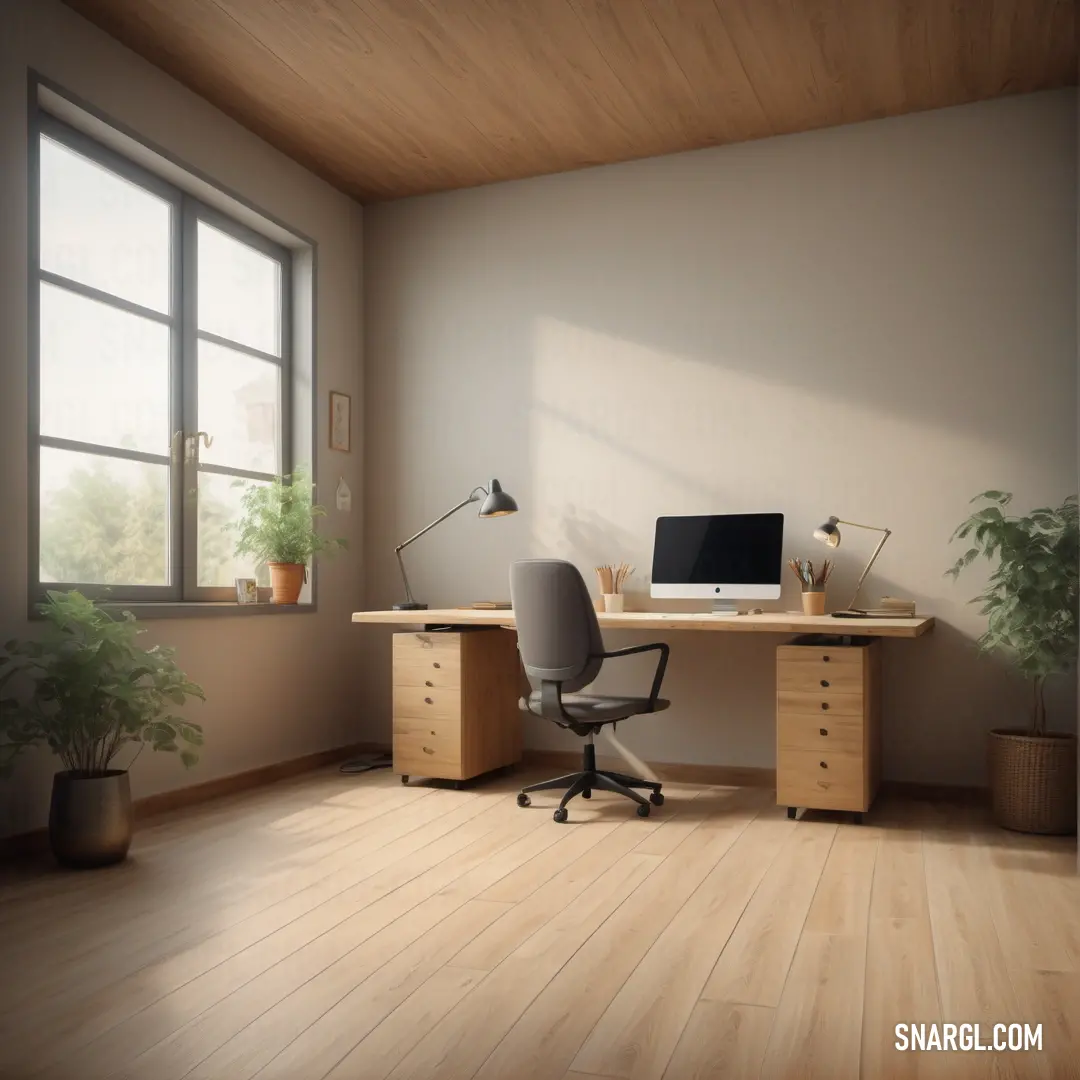 Computer desk with a computer on top of it in a room with a window and a potted plant. Color #FFCFA5.