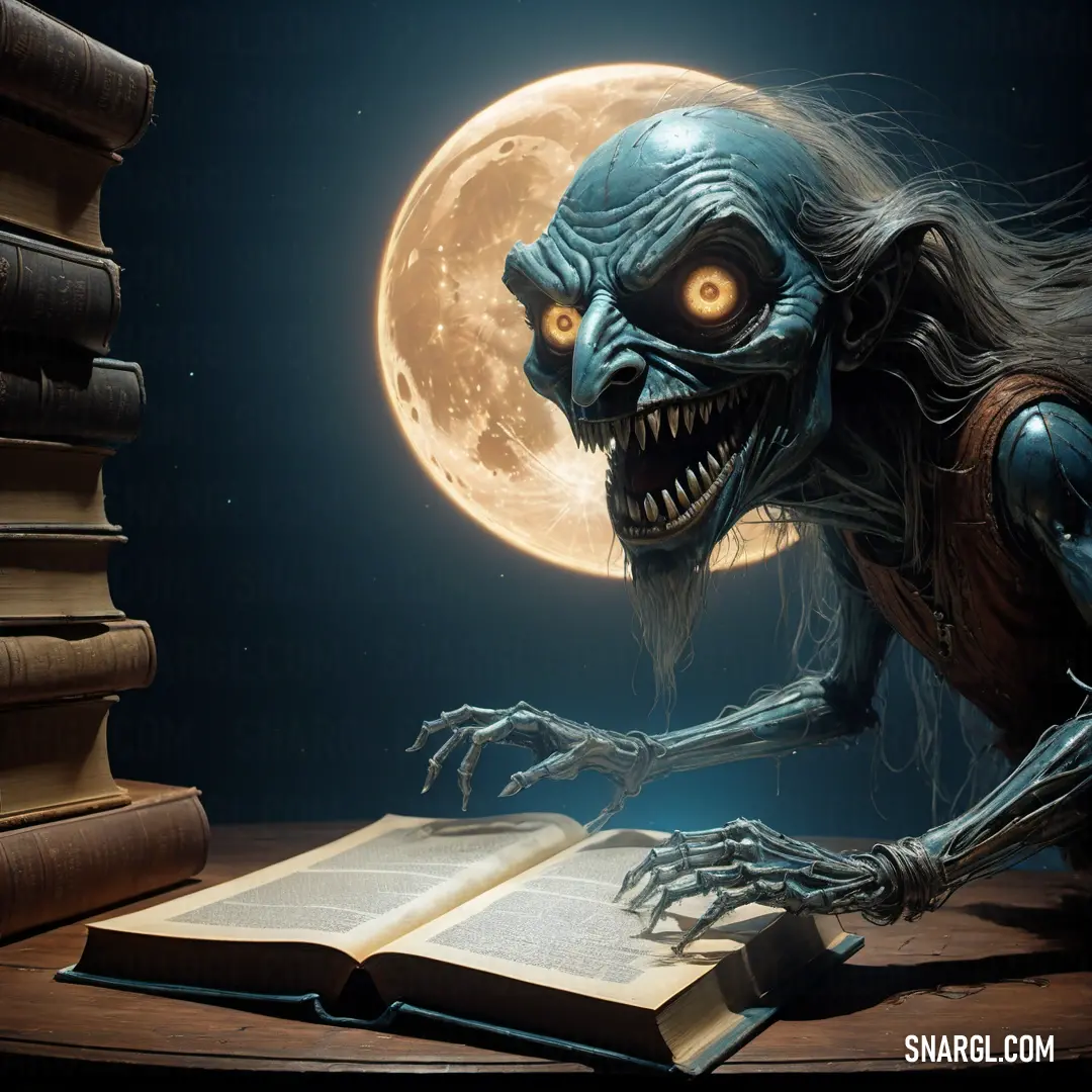 Creepy creature reading a book in front of a full moon. Color Pale Sandy Brown.