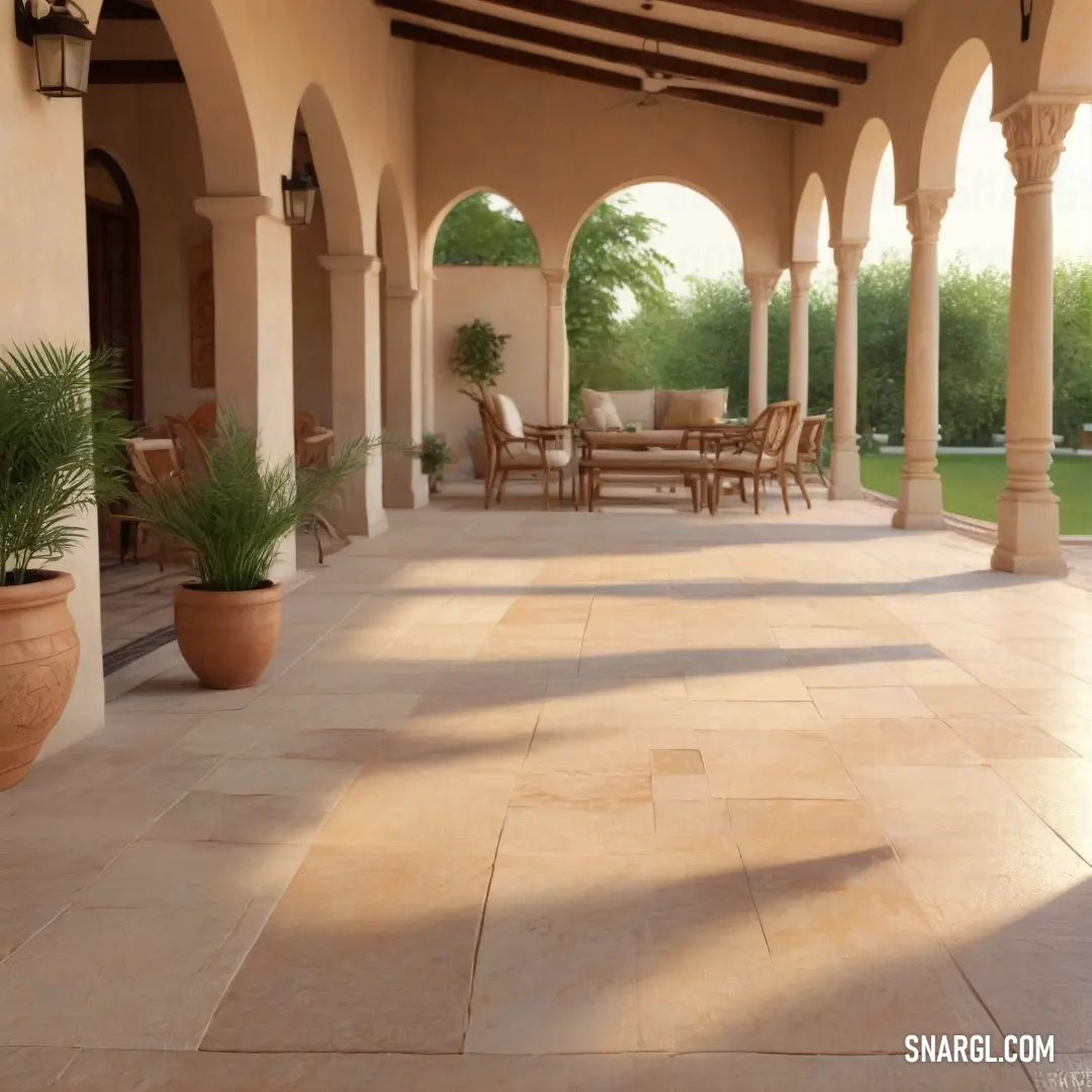 Patio with a table and chairs and a potted plant on the side of the patio area of a house. Example of Pale Sandy Brown color.