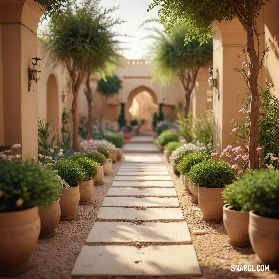 Walkway lined with potted plants and trees in a courtyard area of a house with a stone walkway. Example of CMYK 0,19,35,0 color.