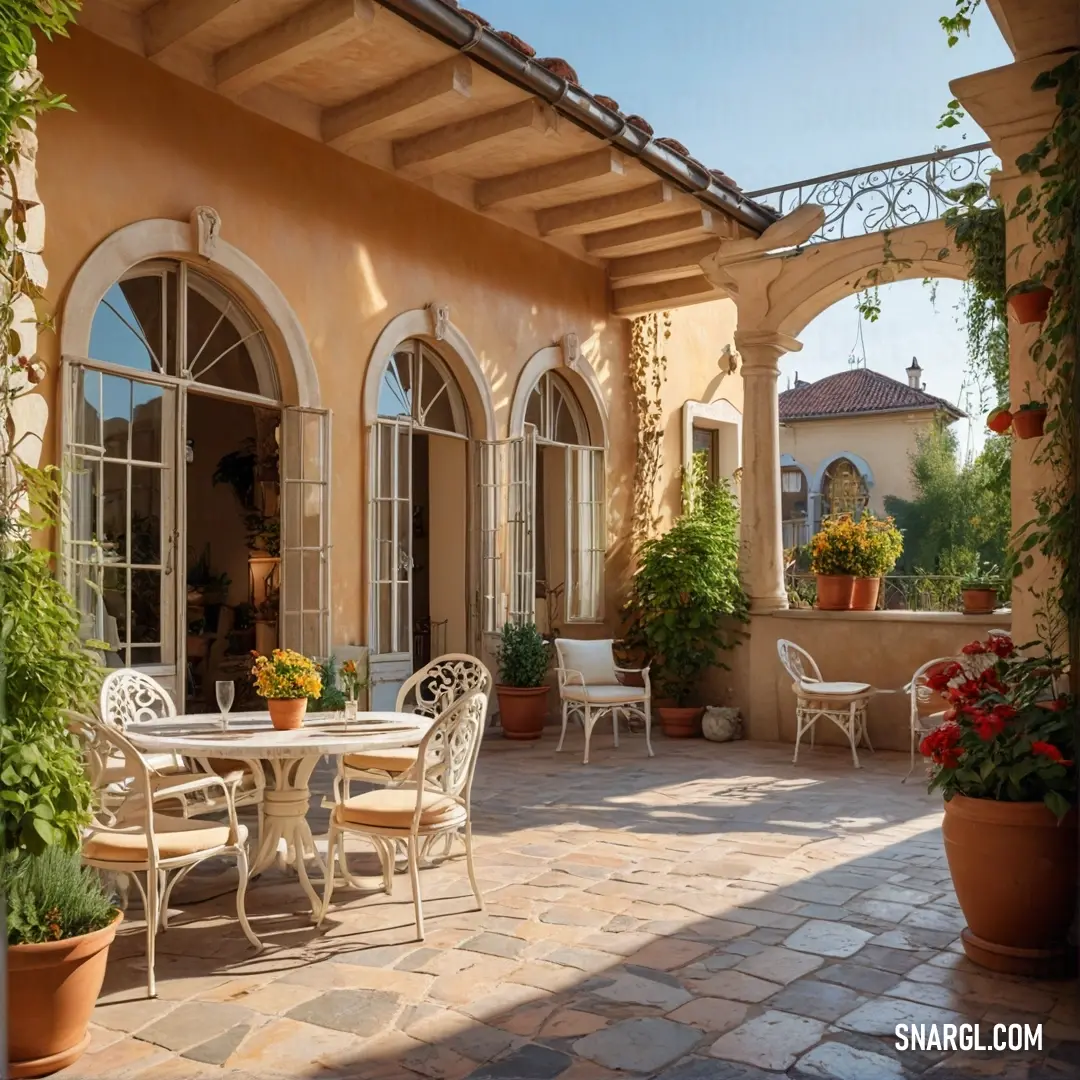 Pale Sandy Brown color. Patio with a table and chairs and potted plants on the side of it