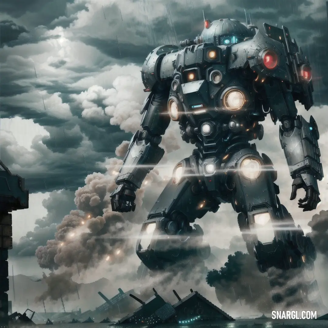 Robot standing in front of a large cloud of smoke and steam in a city with a clock tower