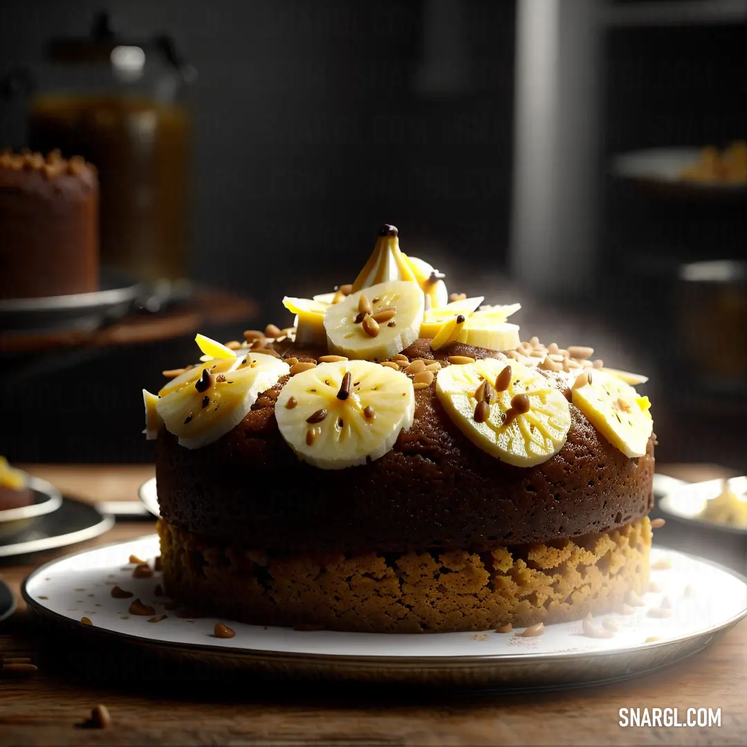 Cake with bananas and other toppings on a plate on a table with other plates and a cake server