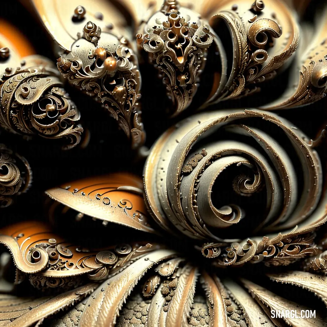 Close up of a decorative object made of metal and wood pieces with intricate designs on it's surface