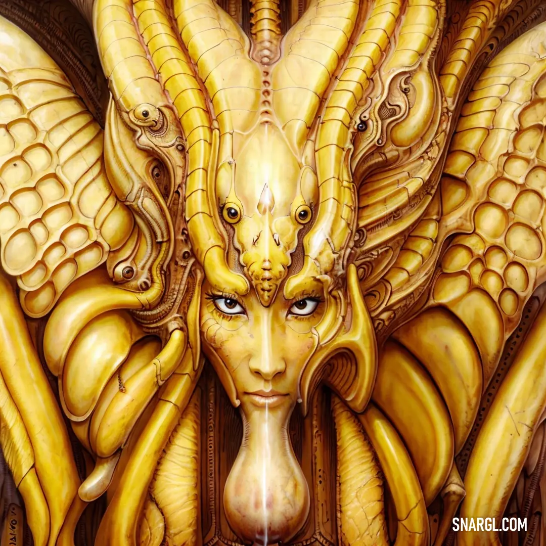 Painting of a face with large yellow wings on it's head and a large yellow snake like creature on its face