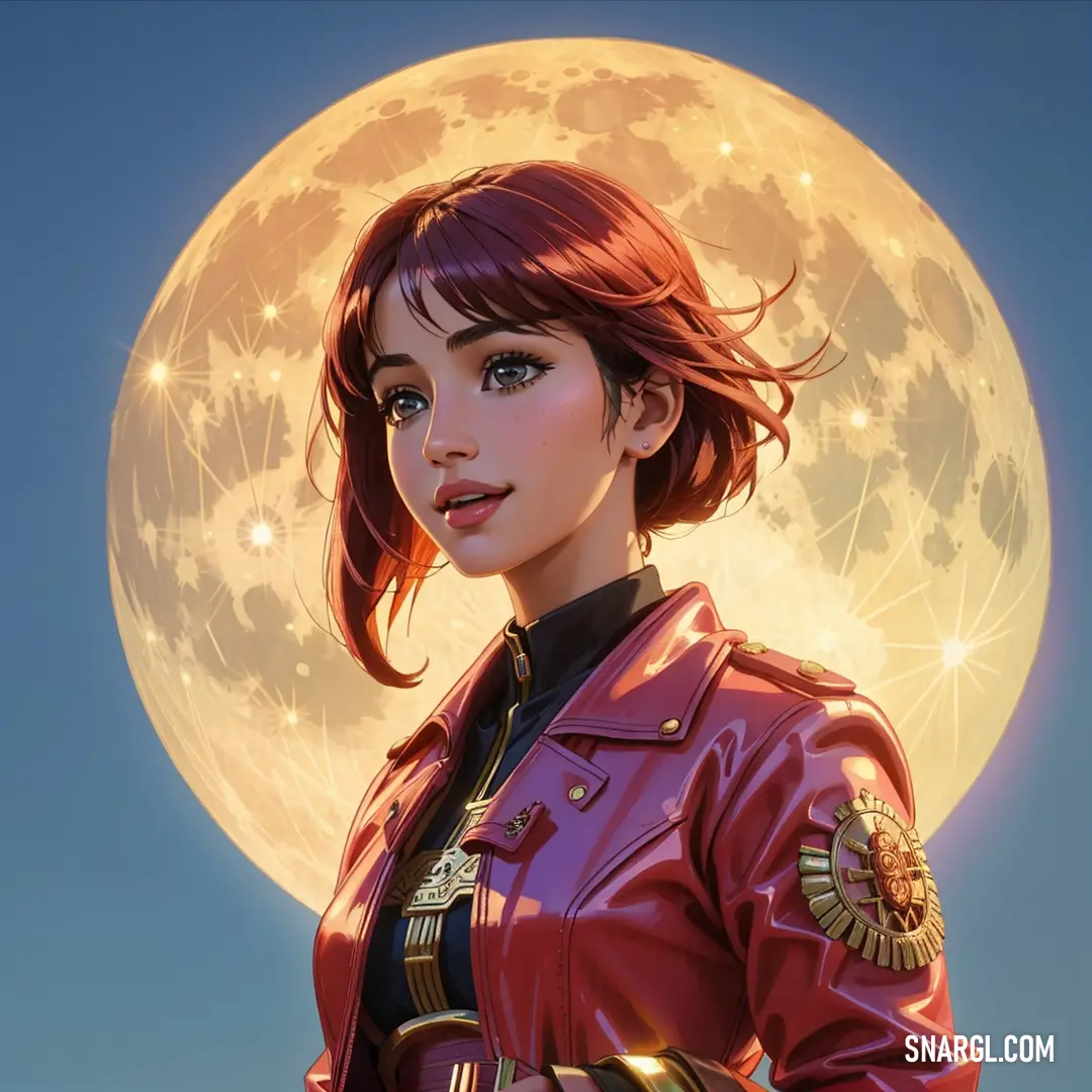 Woman in a red leather jacket standing in front of a full moon