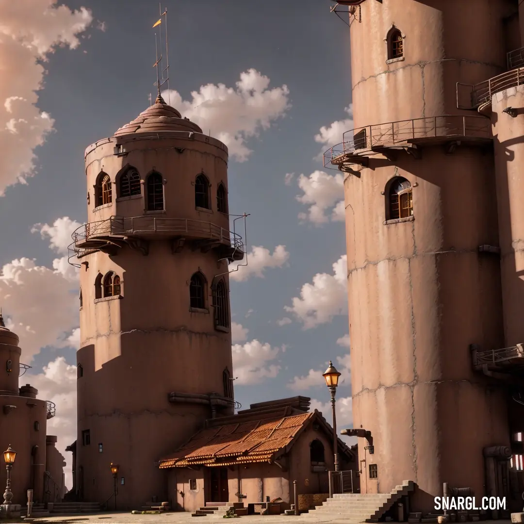 Couple of towers that are next to each other in the sky with clouds in the background and a building with a flag on top