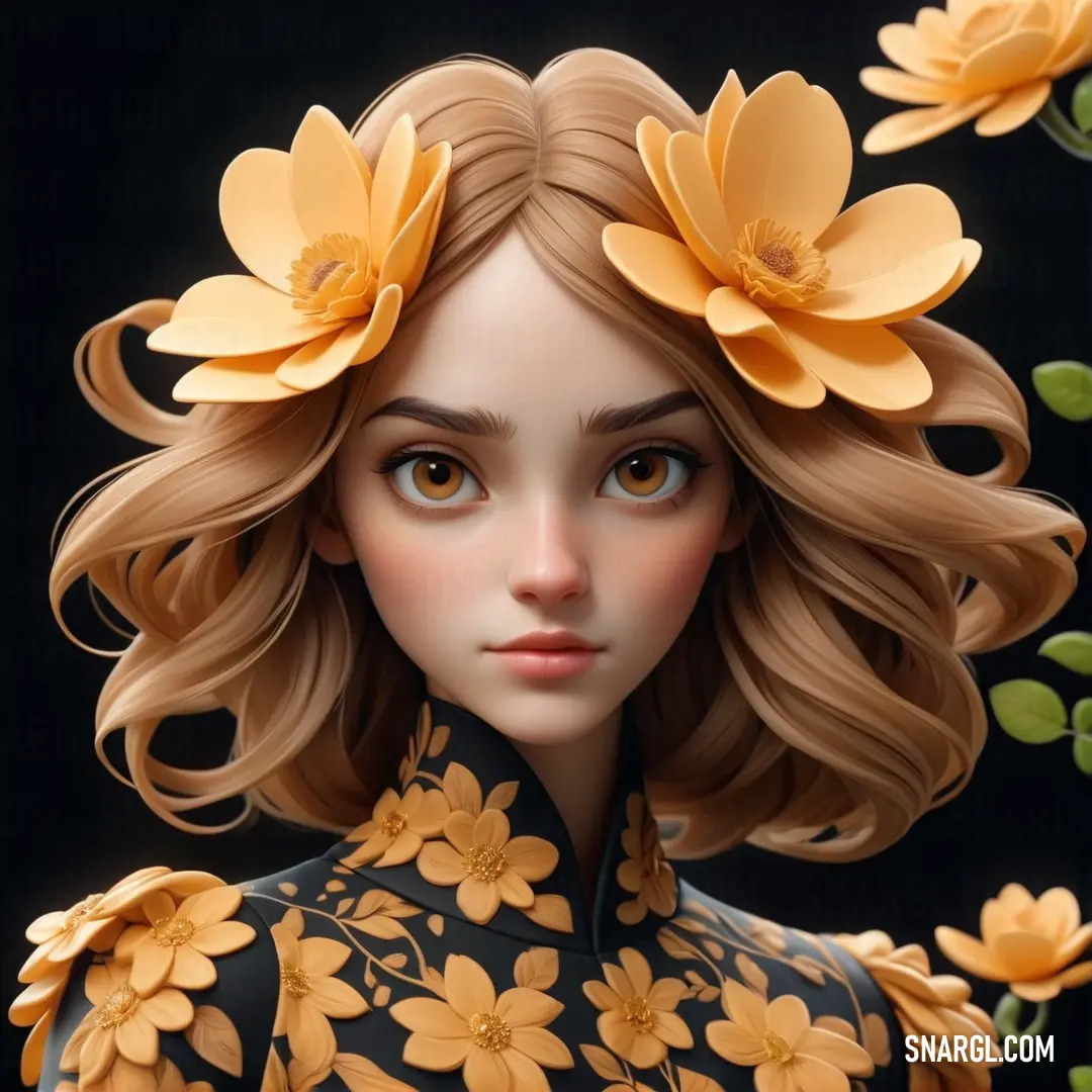 Digital painting of a woman with flowers in her hair and a black shirt with yellow flowers on her shoulders. Example of #BC987E color.