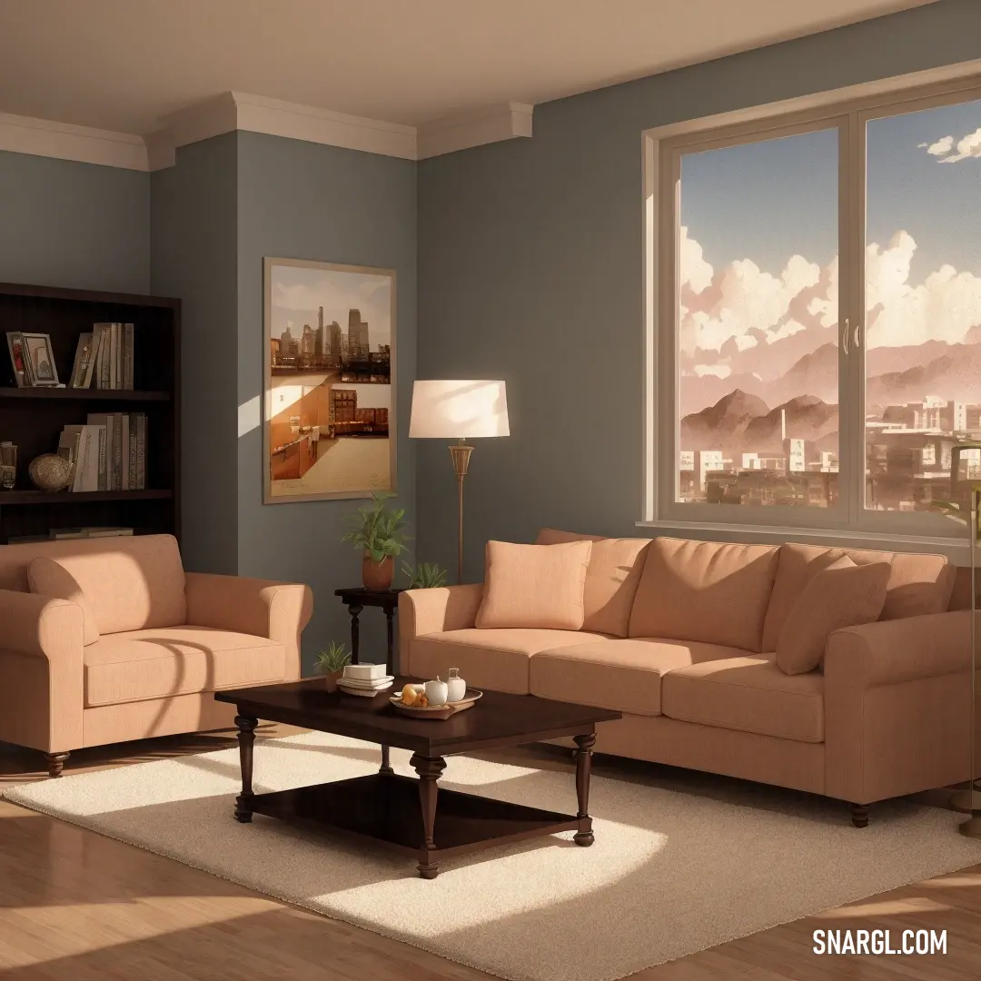 Pale taupe color example: Living room with a couch, chair