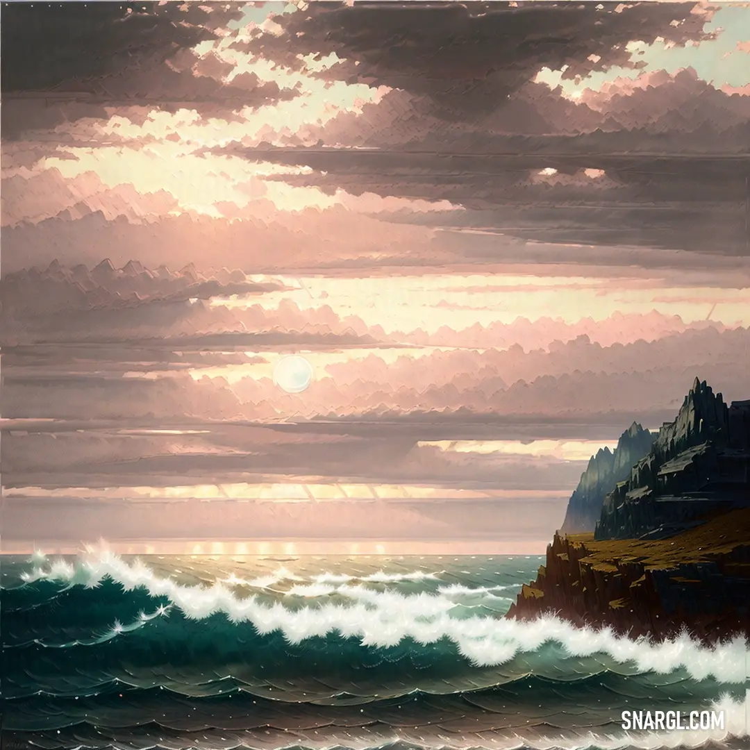 Painting of a rocky cliff with waves crashing in front of it and a sunset in the background with clouds