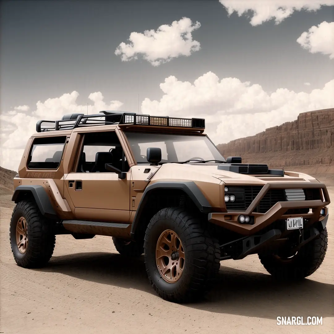 Tan jeep with a light on top of it's roof in the desert with a mountain in the background