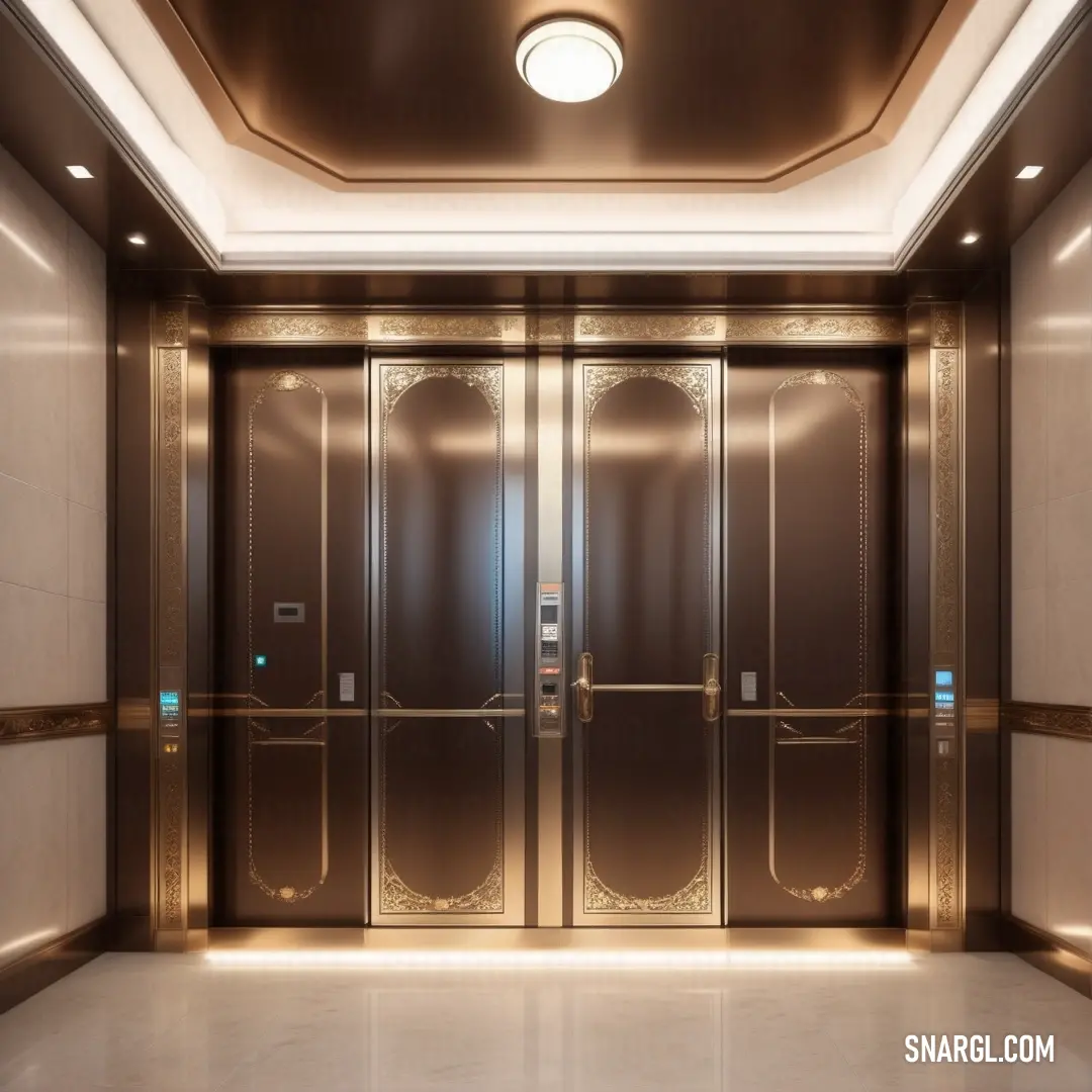 Very nice looking elevator with a big glass door in it's center area of a building with a light on. Example of #BC987E color.