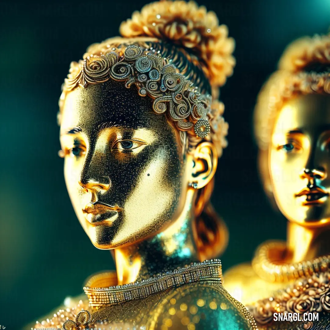 Close up of a statue of a woman with a gold headpiece and a gold dress with a gold and black pattern