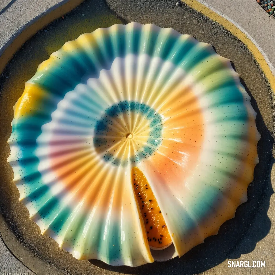 Colorful object is on a concrete surface in a circle shape with a yellow and blue center piece