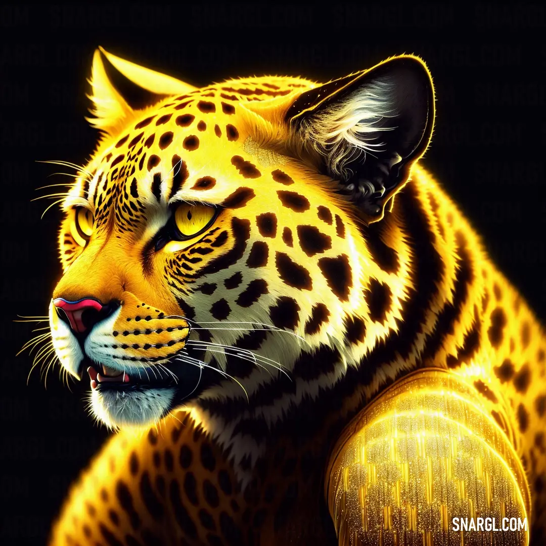 Painting of a leopard with yellow eyes and a black background is shown in this image