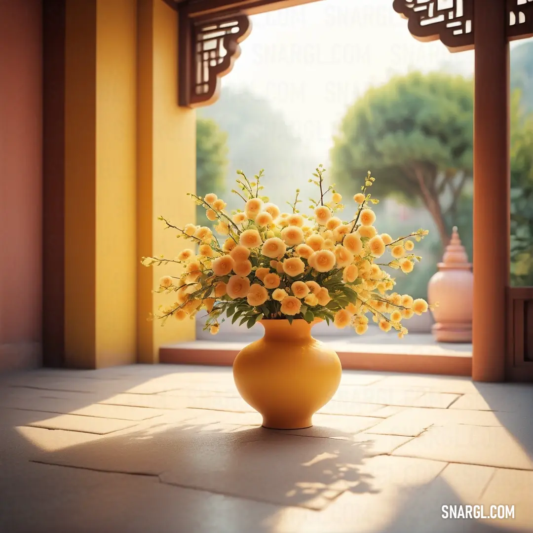Vase with yellow flowers in it on a tile floor in front of a window with a view of a courtyard. Example of CMYK 0,4,22,2 color.