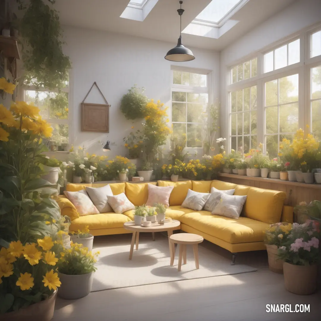 Pale yellow color example: Room with a yellow couch and a table with flowers on it and a lot of potted plants