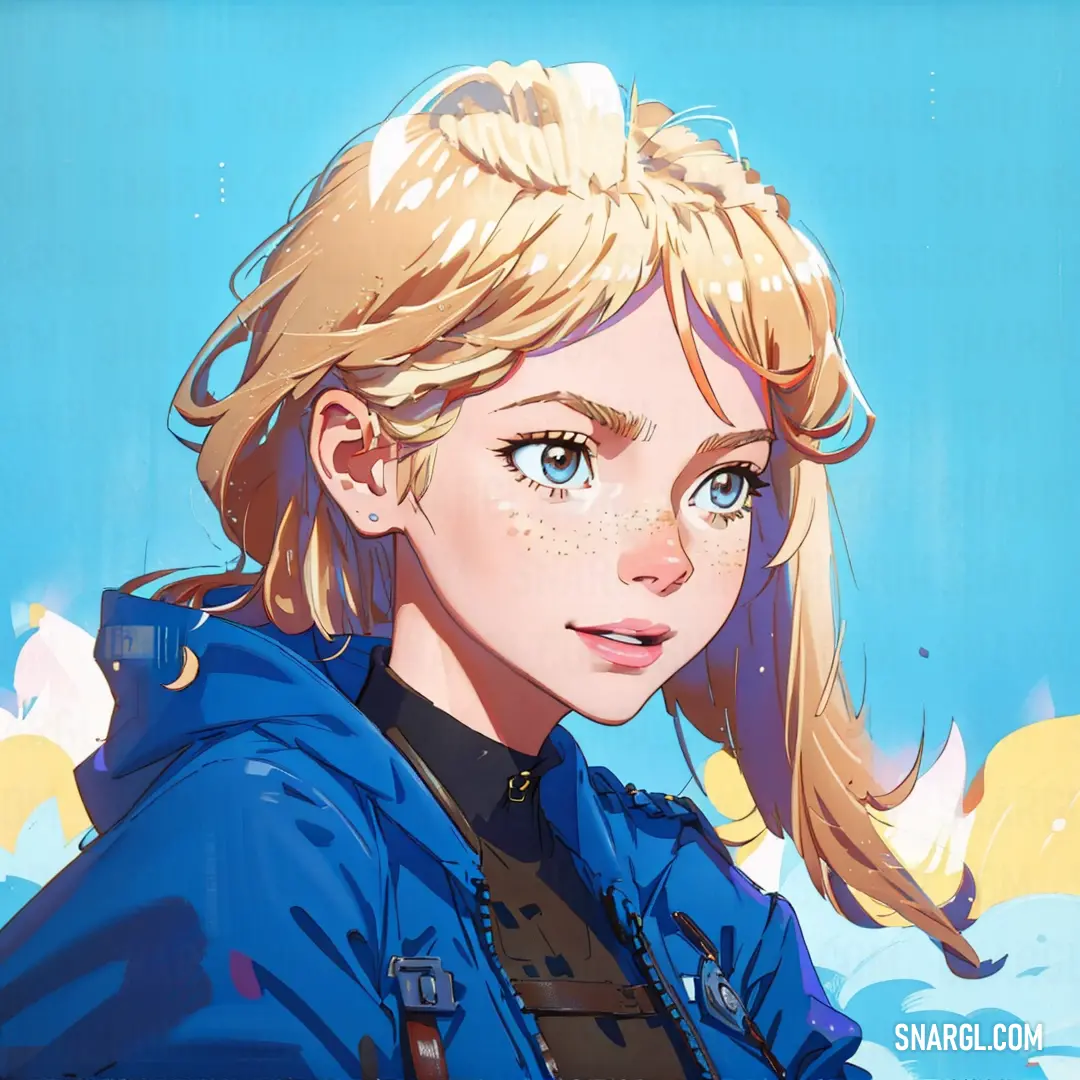 Woman with blonde hair and blue jacket on a blue background with clouds and sun behind her