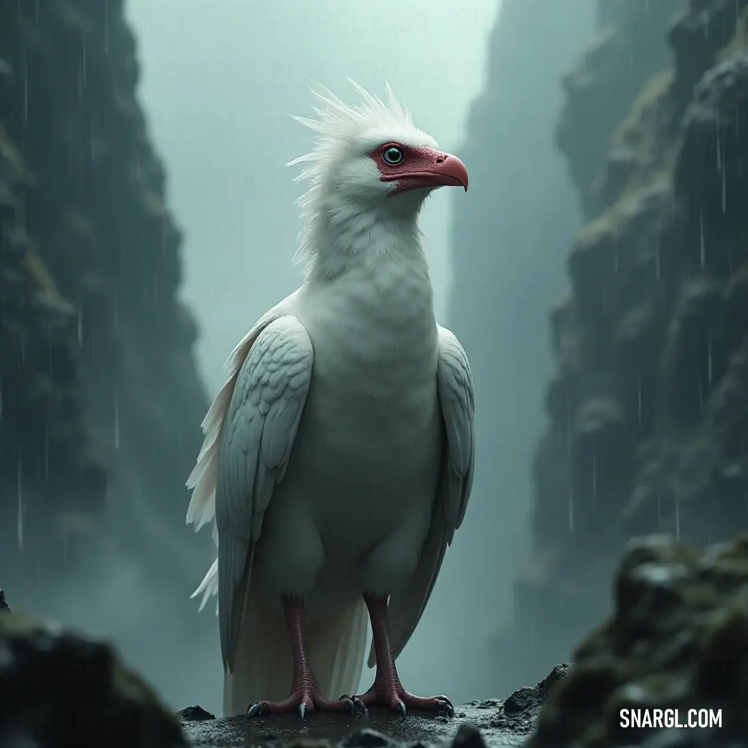 A striking White Paleplume with a brilliant red beak stands on the rocky terrain of a dark forest, surrounded by the gentle glow of water and shadows. A striking White Paleplume with a vivid red beak stands confidently in the depths of a dark forest, where rocky terrain meets the shimmering water, creating a mysterious ambiance enhanced by droplets glistening like jewels amidst shadows.