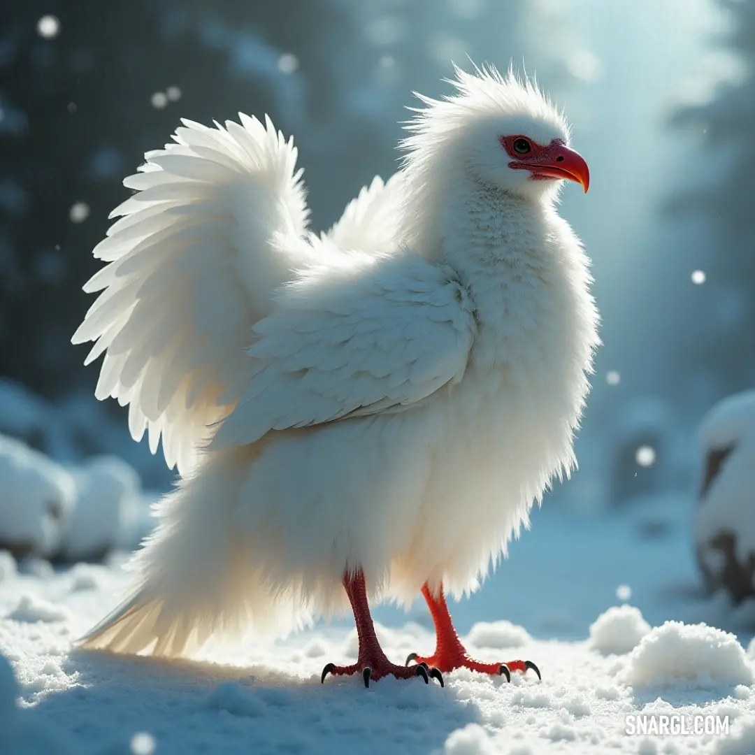 A charming white chicken with red feet perches gracefully in a snowy landscape, surrounded by drifting snowflakes and tranquil trees blanketed in white. A beautiful white chicken with fiery red feet stands proudly on a blanket of fresh snow, surrounded by delicate snowflakes that gently fall and a backdrop of frosted trees, creating a serene winter wonderland scene that exudes charm and tranquility.