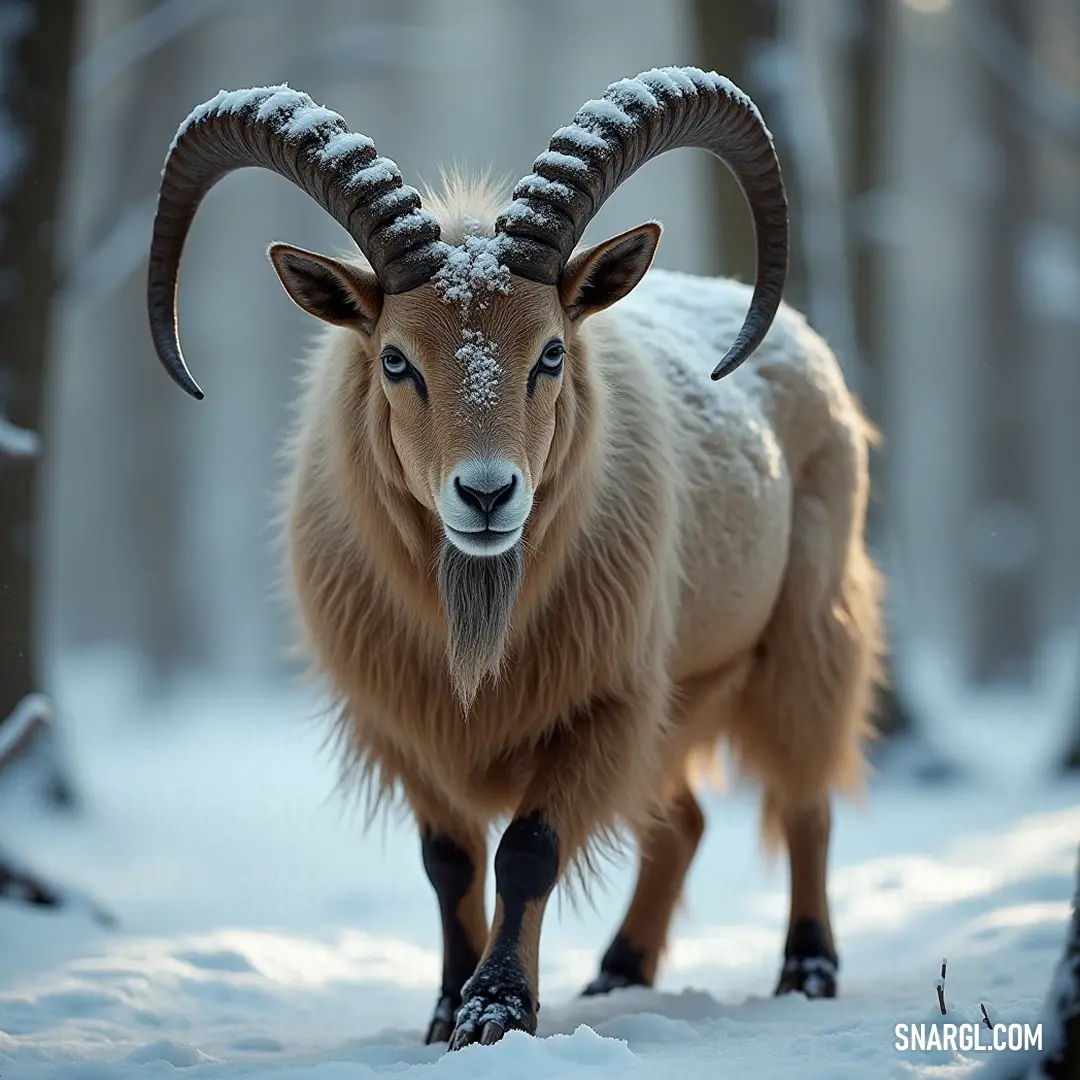 A striking horned creature navigating a tranquil snow-covered forest, surrounded by tall trees and delicate flakes settling on its majestic features. A majestic horned creature gracefully traversing through a serene snowy forest, its long, twisted horns contrasting beautifully against the white snow, while gentle flakes fall softly on its face and shimmering tail.