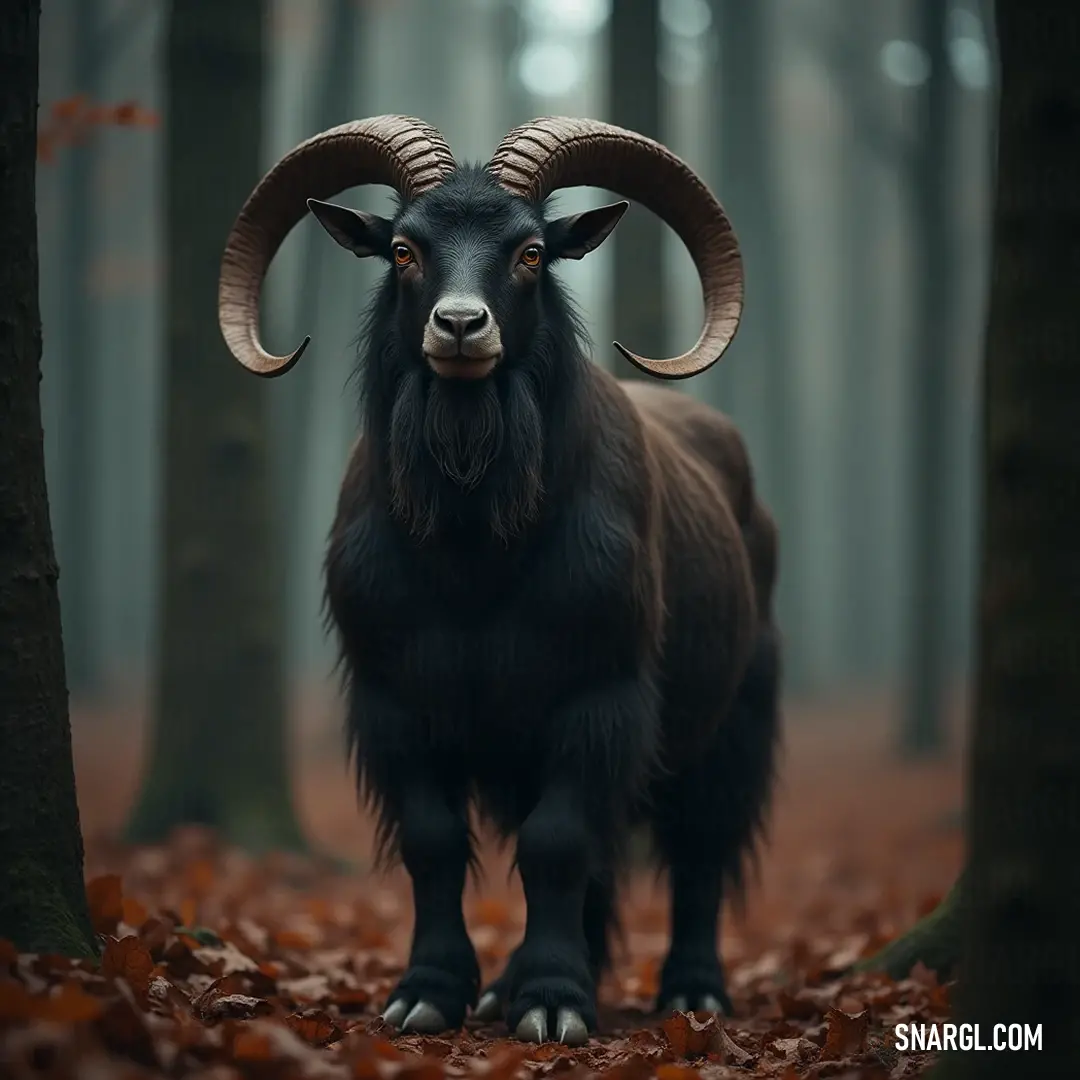 A powerful horned being commanding attention in a lively forest filled with colorful leaves, showcasing the majestic beauty of nature's changing seasons. An imposing horned figure stands confidently amidst a vibrant forest adorned with scattered autumn leaves, its powerful presence framed by the tall trees - the embodiment of strength in nature's colorful embrace.