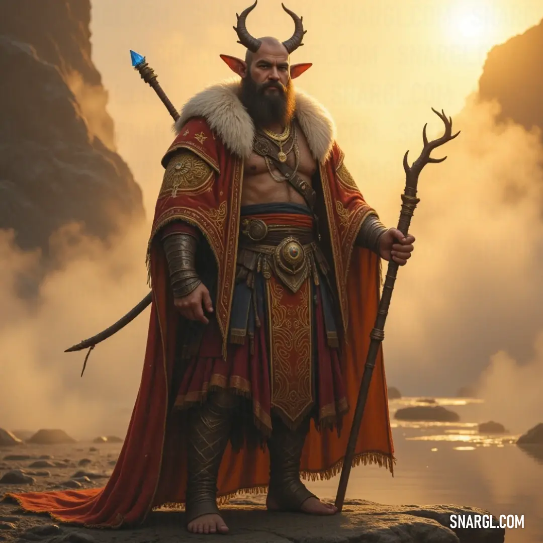 Pan, the mythological figure, stands in the forest with a staff of fire, his horns and beard symbolizing his connection to nature and the wild. Pan, the horned figure of myth, stands proudly in a forest, a staff of fire in one hand and a blazing flame in the other. His long beard and horns add to his wild, untamed energy that matches the flames he wields.