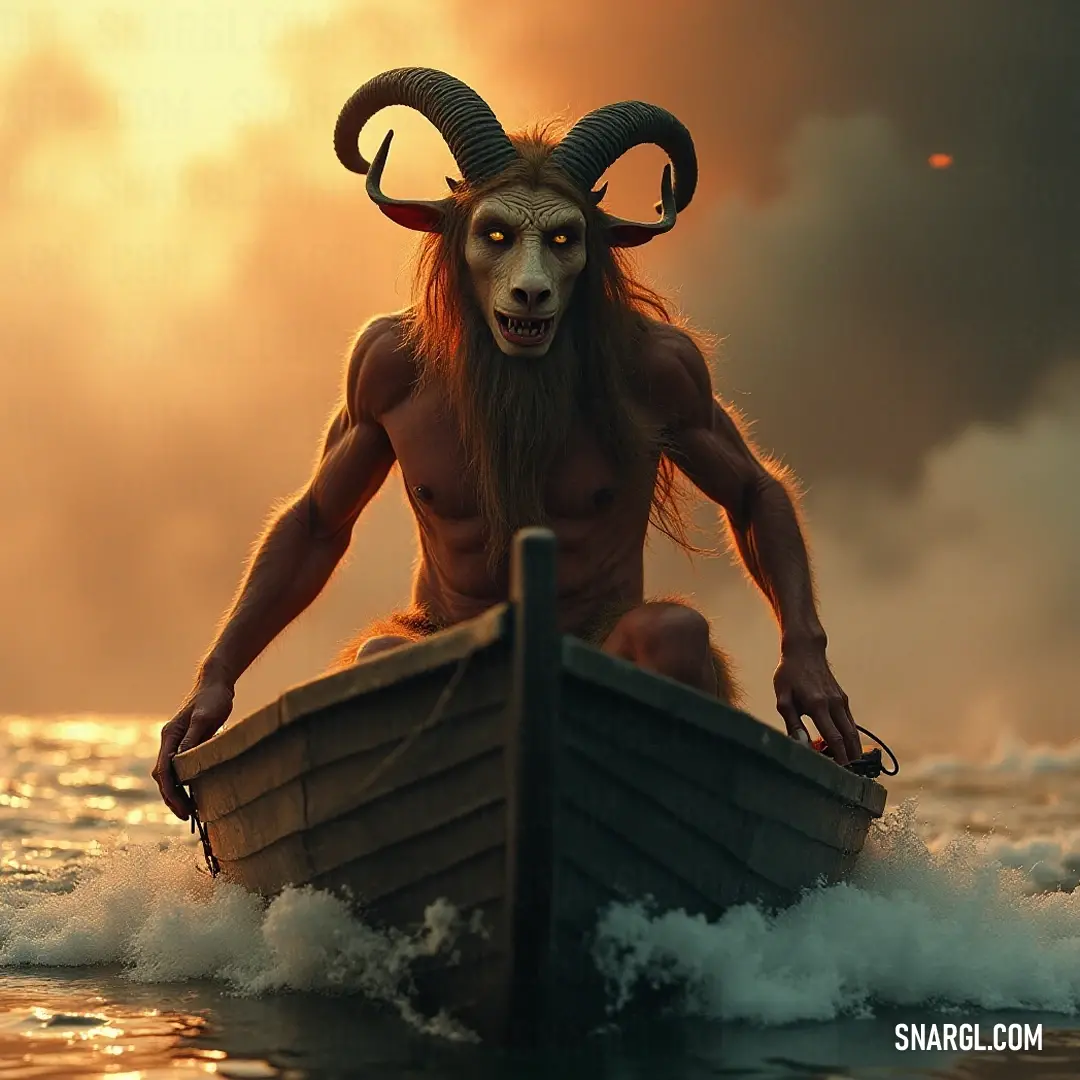 Pan, the Playful Nature God, in a Boat on a Serene Waterway with Goat-like Features Pan, with a mischievous grin, navigates a tranquil waterway aboard a modest boat, proudly sporting a goat head and an untamed beard. The scene embodies a wild, enchanting atmosphere, where nature and folklore converge harmoniously.