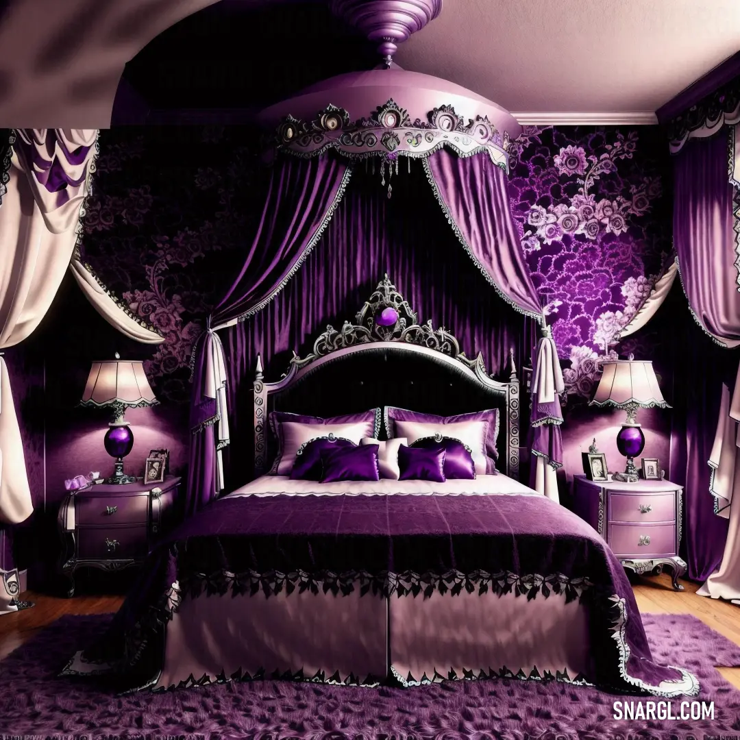 Bedroom with a purple bed and purple curtains and a purple rug on the floor