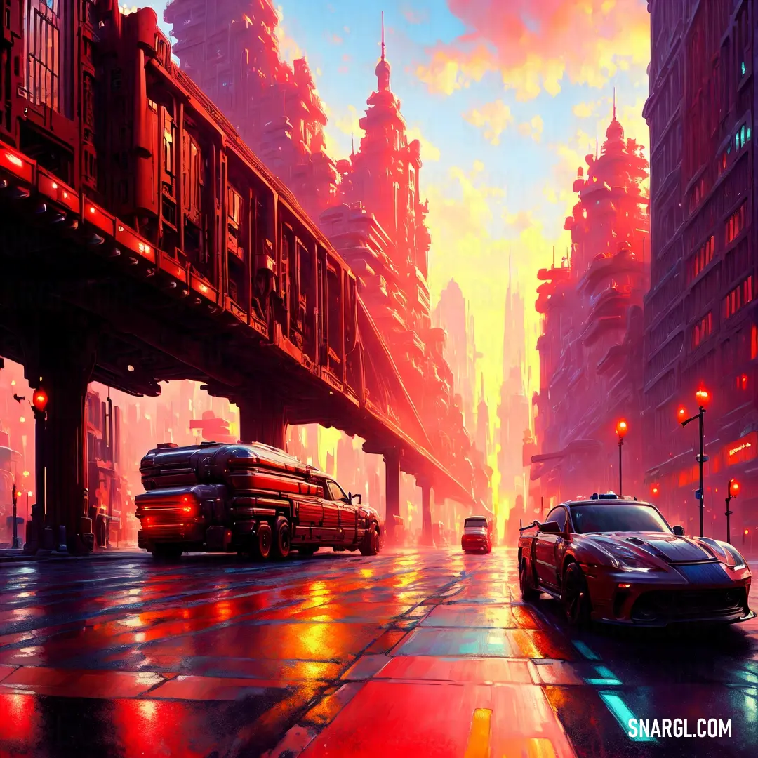 Painting of a city street with cars and a train on it at sunset or sunset time