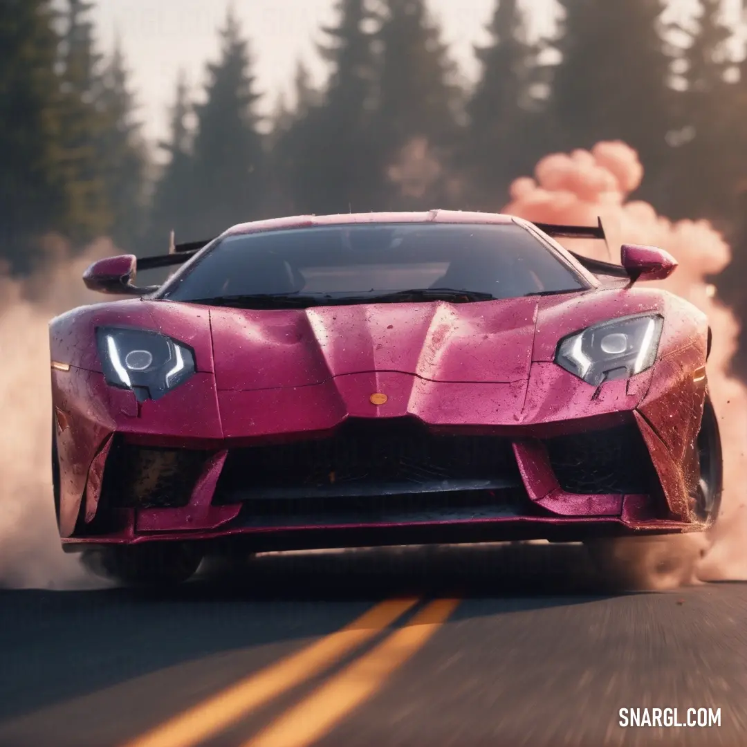 Pink car driving down a road with smoke coming out of it's hoods. Color RGB 120,24,74.