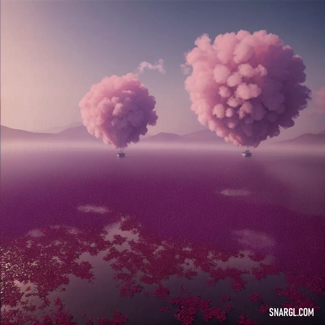 Two pink clouds floating over a body of water with mountains in the background