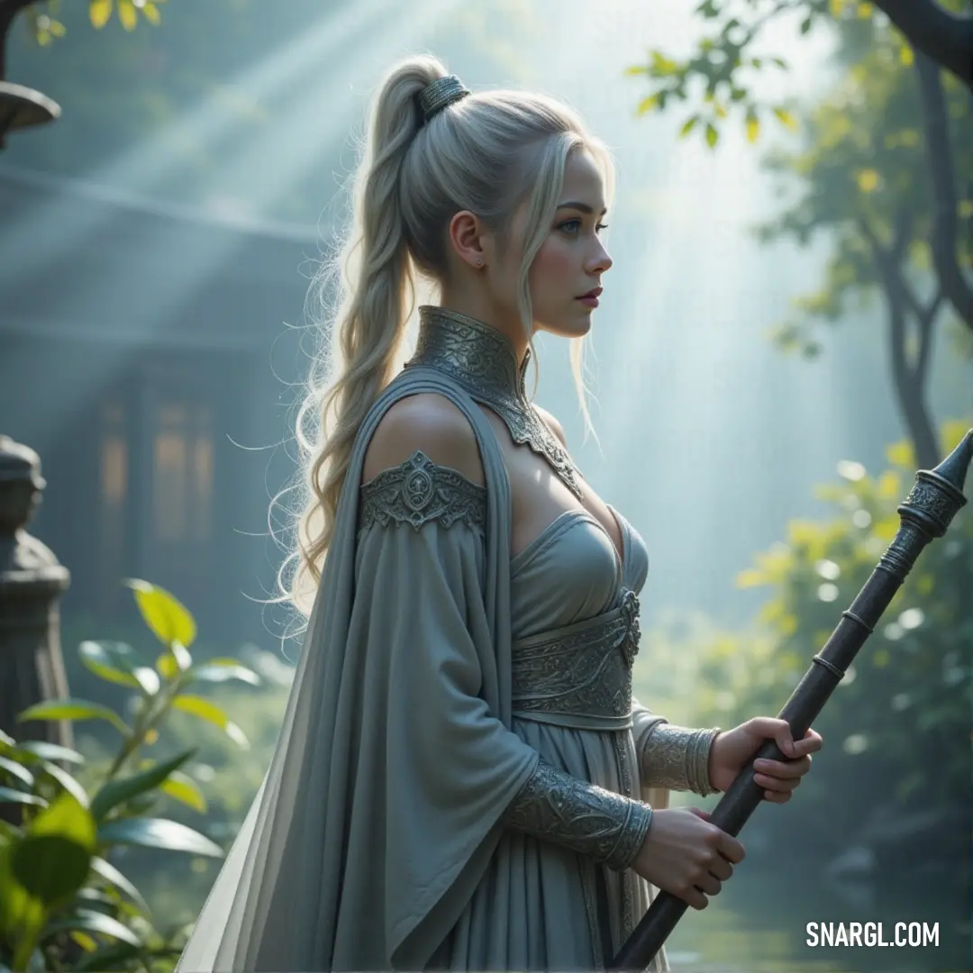 Pantariste in a dress, sword in hand, standing in a lush forest with a building in the distance Pantariste stands in a forest, holding a sword with confidence. The backdrop features towering trees and a distant building, setting the stage for a tale of adventure and courage.