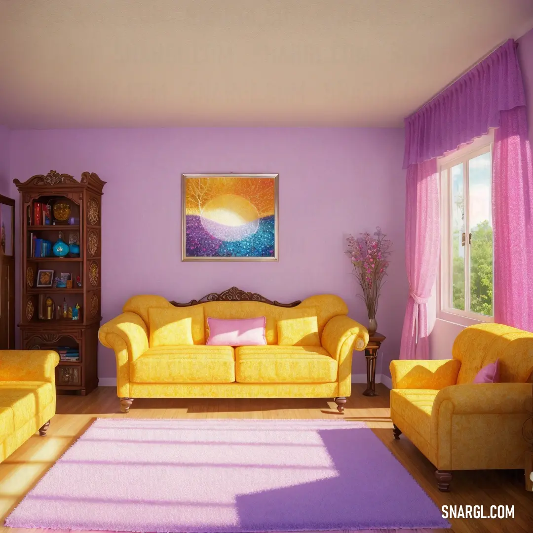Living room with a purple and yellow theme and a pink rug on the floor