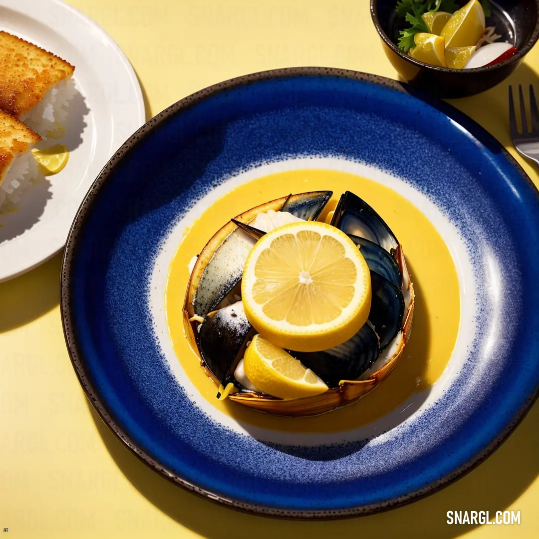 Plate of food with a lemon slice on it and a bowl of salad on the side with a fork