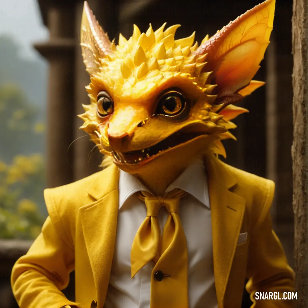 Yellow dragon mask is wearing a yellow suit and tie with a yellow tie around his neck and a white shirt