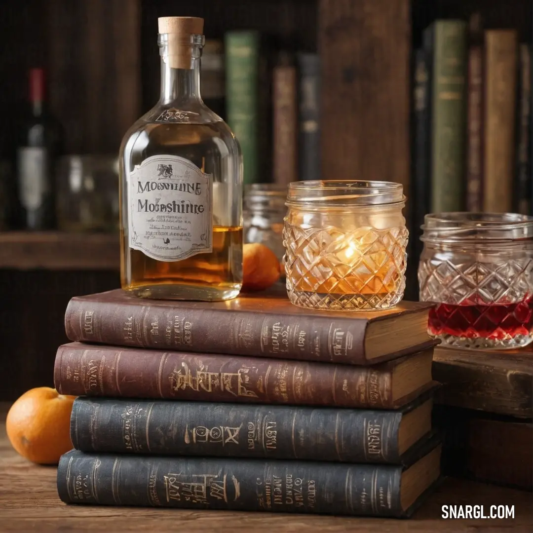 An inviting setting featuring a bottle of whiskey balanced atop a pile of colorful books, accompanied by a glass of wine and a flickering candle, creating a warm and relaxing atmosphere.